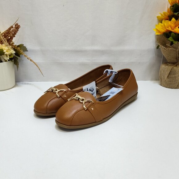 Aerosoles Big Ben Buckle Ballet Flats 11W Cognac Faux Leather Diamond Flex Sole - Picture 3 of 9